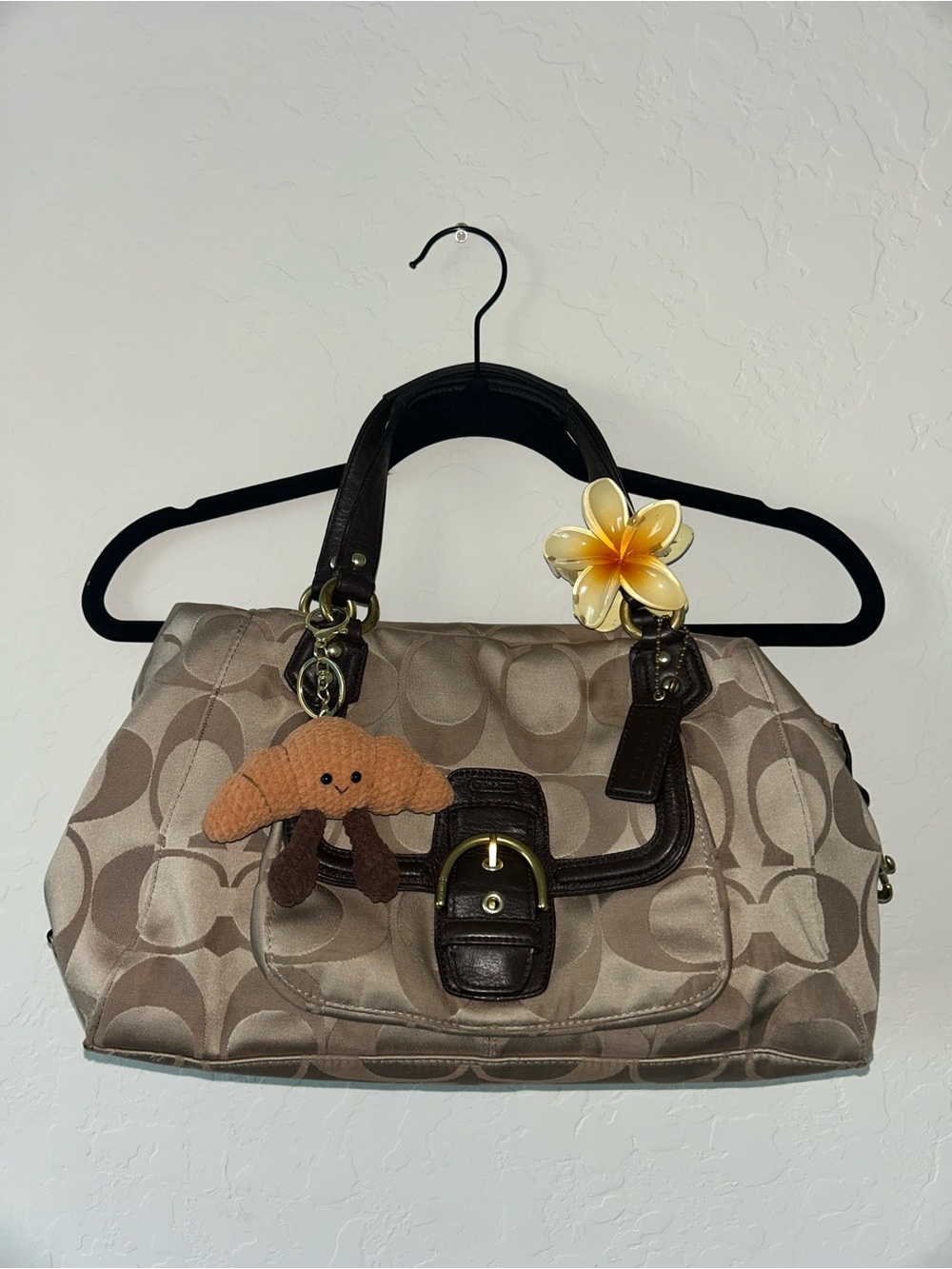 Taupe Signature-Pattern Satchel Handbag